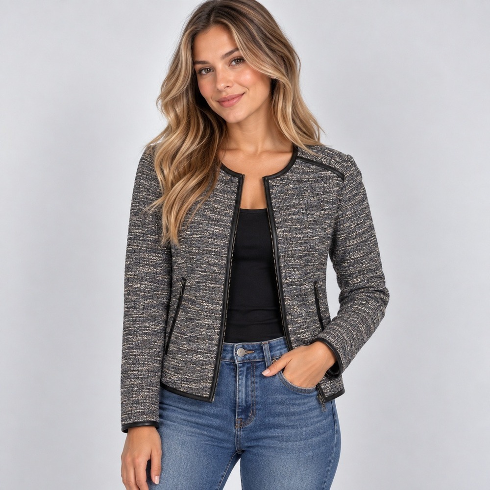 Anne Klein Plus 18W Tweed Zip Front Jacket Blue White Faux Leather Trim